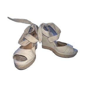 UGG Women’s 7.5 Bone Leather Peep Toe Tie Wedge Heels